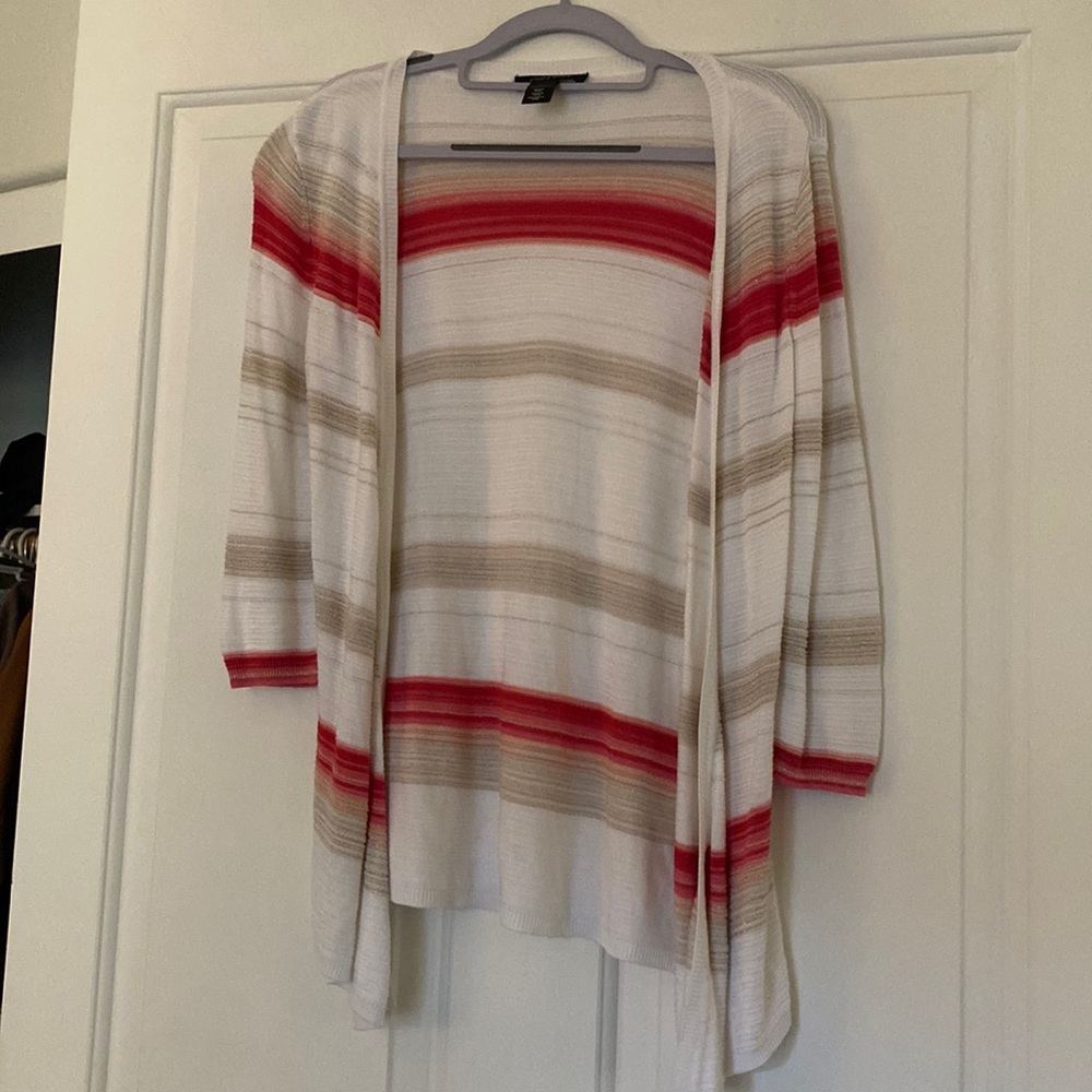 White House Black Market, White and coral striped 3/4 sleeved sweater